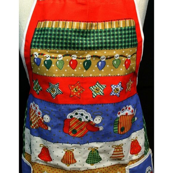 Country Christmas Kitchen Full Apron Pockets Angel Star Bell Light Unitex Int'l - Picture 2 of 10